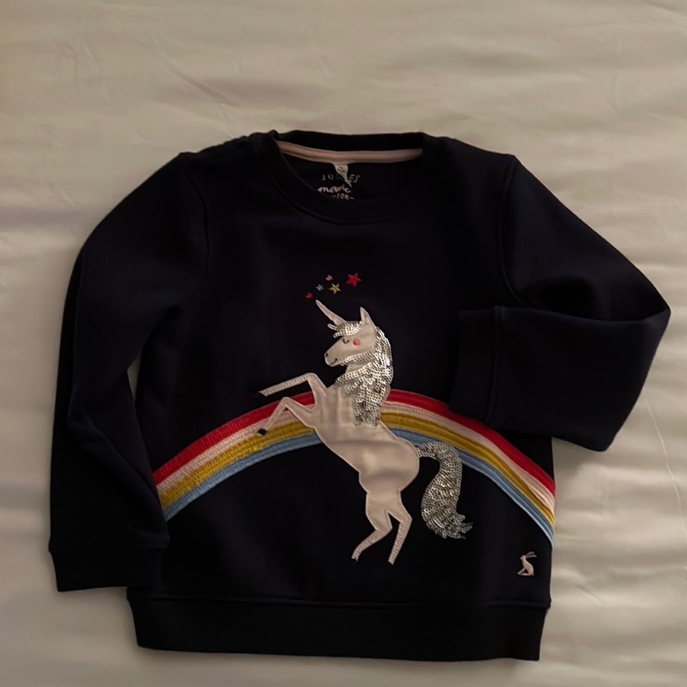 Girls Joules navy blue unicorn sweater. Size 5Y. Never worn.